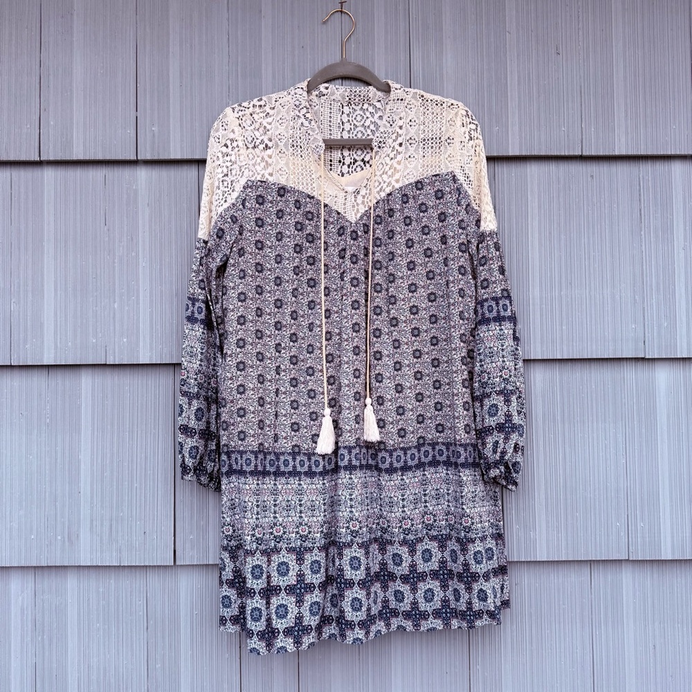 Entro Long Sleeve Boho Crochet Tunic Dress with Tassels Women's Medium